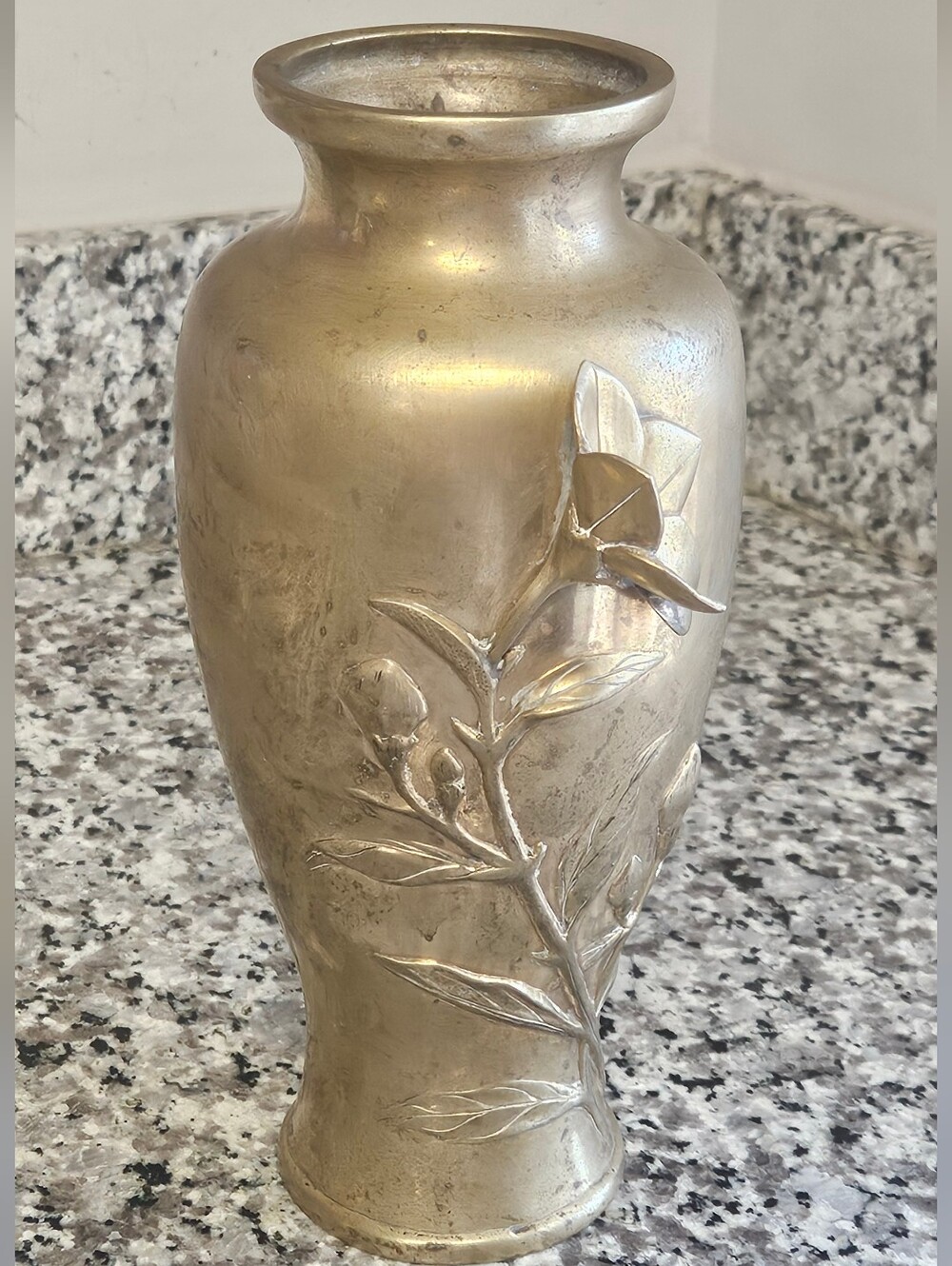 Vintage Japanese Bronze Floral Embossed Decorative Gold Tone Vase